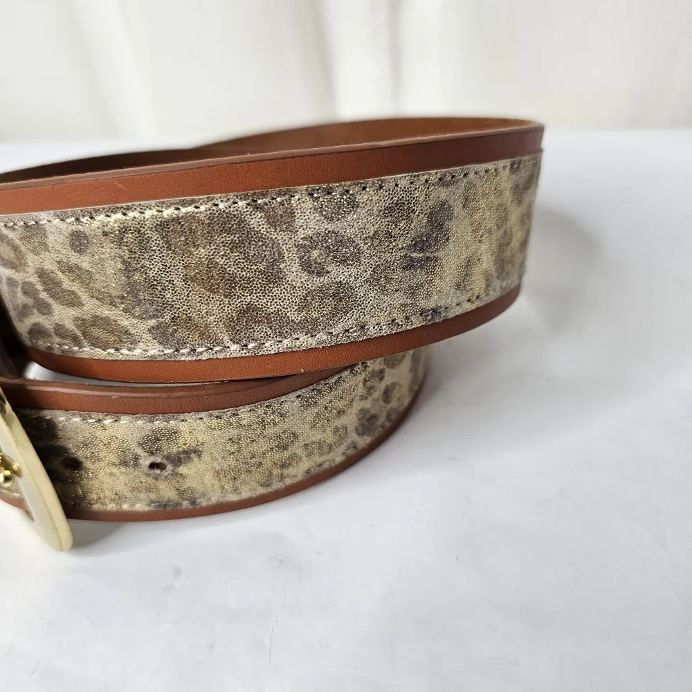 WCM Beige Brown Shimmer Leopard Print Leather Belt with Silver Buckle Medium